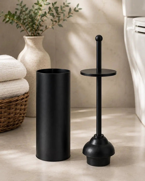 Heavy Duty Toilet Plunger With Sleek Floor Holder, matte black, sturdy grip, designed to clear drain clogs, compact and stylish.