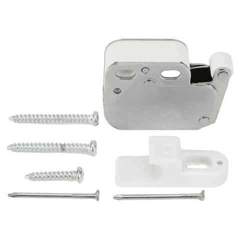 Push To Open Mini Cabinet Latch With Automatic Lock, steel spring catch, nylon roller, and screws set for cabinets and furniture.