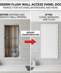 Before and after of Slick White Attic Access Panel Door For Drywall 20X29 Inch covering plumbing pipes in wall.