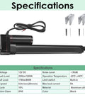 Specifications table for 26 Inch 12V DC Linear Actuator 225 Lbs Beast Mode Heavy Lifter with mounting brackets.