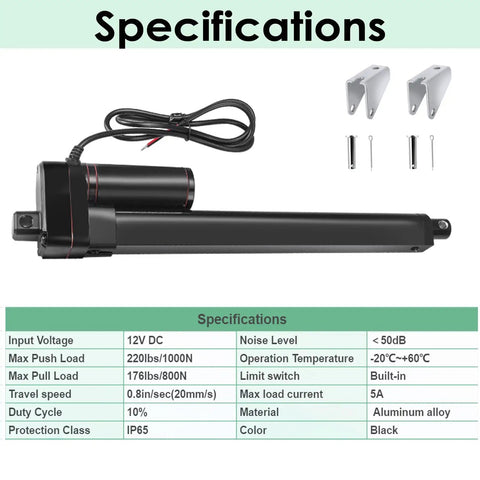 Specifications table for 26 Inch 12V DC Linear Actuator 225 Lbs Beast Mode Heavy Lifter with mounting brackets.