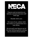 Black and white NECA packaging with handling instructions for action figures and accessories.