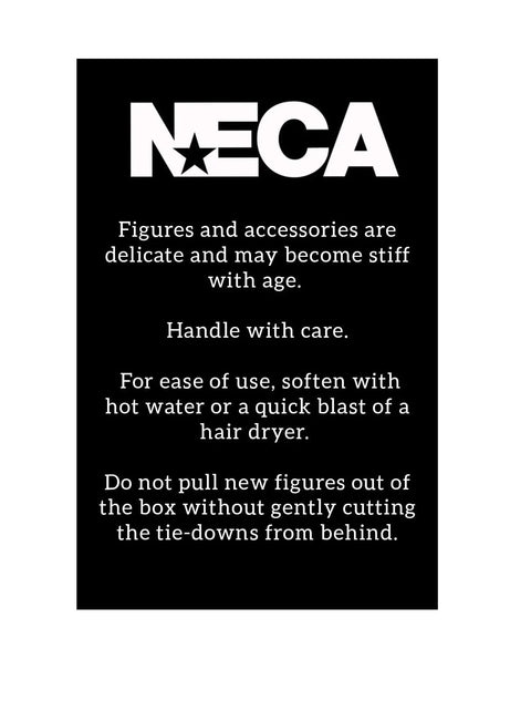 Black and white NECA packaging with handling instructions for action figures and accessories.