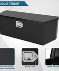 Heavy Duty 35 Inch Black Powder Coated Steel Truck Tool Box With Waterproof Drip Lid And Secure Lock. Side view with sturdy lock and waterproof design.