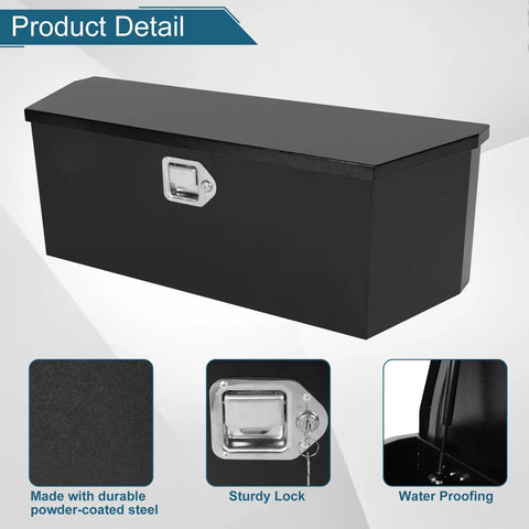 Heavy Duty 35 Inch Black Powder Coated Steel Truck Tool Box With Waterproof Drip Lid And Secure Lock. Side view with sturdy lock and waterproof design.
