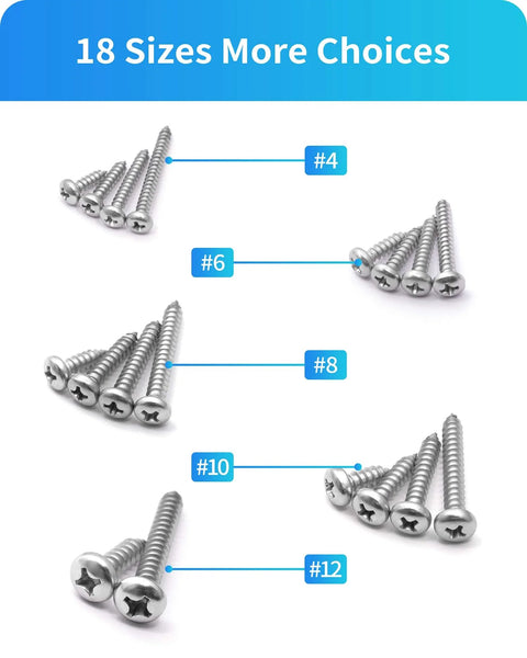 Bulk Stainless Steel Wood Screws Set, 550 Piece Assortment With Phillips Pan Head Self Tapping Screws