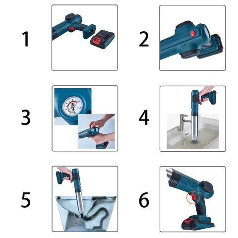 High Pressure Air Plunger Gun For Clogs With Detachable Heads in toilet sink bathroom use demonstration, six steps shown