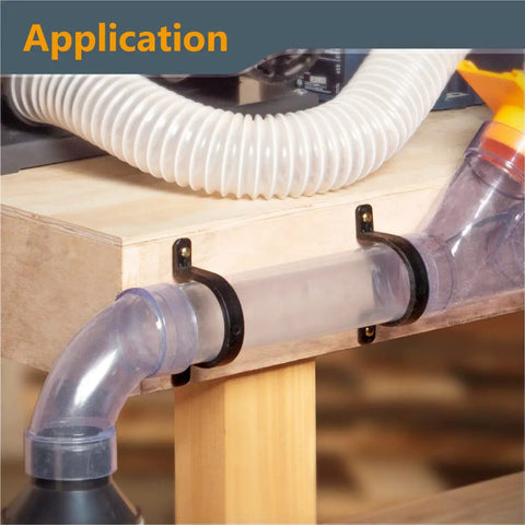 2-1/2 Inch Hose And Pipe Hangers 5 Pack Black For Wall Mounts keep dust hoses organized on wooden bench