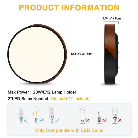 Sleek Modern Black Flush Mount Ceiling Light With 2 Lights, Mid Century Round Wood Accent Fixture, product dimensions