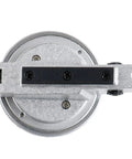 Accusize horizontal test indicator with 1.5-inch dial; silver metal housing, side view