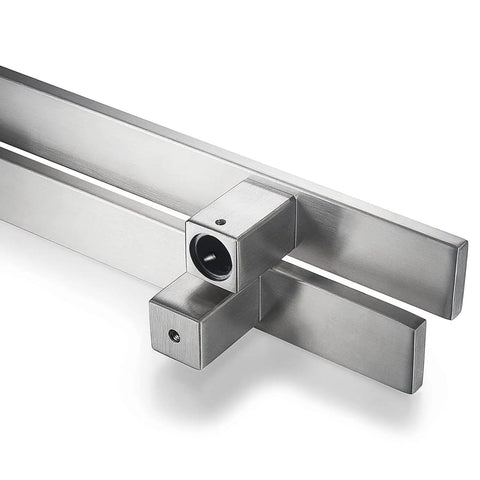 12 Inch Solid Stainless Steel Push Pull Door Handle For Barn And Glass Doors Heavy Duty Commercial Grade Brushed Finish With 304 Stainless Steel Standoffs And 4.6mm Deep Engagement. Close-up of brushed stainless pair