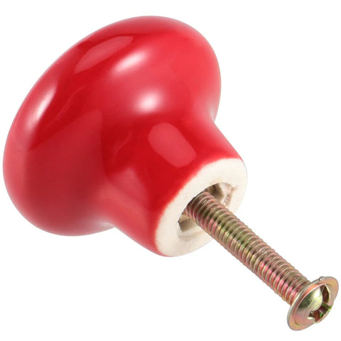 Killer Red Ceramic Cabinet Knobs 35 Pack Mushroom Button Single Hole Door Pulls With Screws For Kitchen Cupboard Dresser Wardrobe Fresh Smooth Glossy Finish, detailed view of glossy red knob with screw.