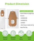 Dimensions of 6 Pack Replacement Type Q HEPA Vacuum Bags For Hoover Platinum Upright UH30010 with features