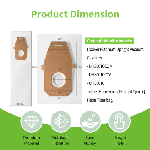 Dimensions of 6 Pack Replacement Type Q HEPA Vacuum Bags For Hoover Platinum Upright UH30010 with features