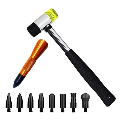 9 Piece Auto Dent Repair Pen Kit With Multi Head Leveling Pens For Car Sheet Metal Dents Removal Lightweight Aluminum Handle High Strength Fatigue Resistant Easy Auto Body Repair Tool Set DIY Friendly, 9 heads shown