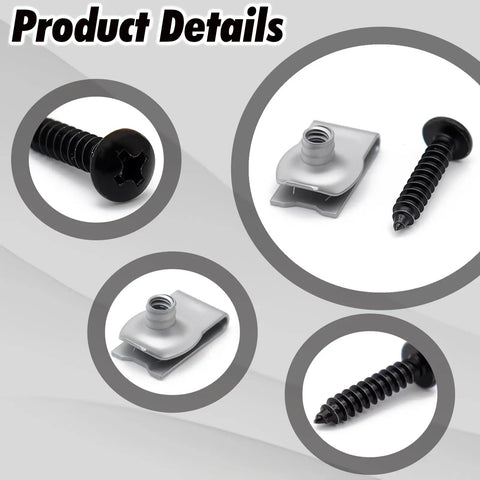 Image of Eight Set Solid As A Rock Black Tail Light Screws And Nuts Top Shelf Replacement Hardware for 1999 to 2022 Chevy GMC Cadillac. Detailed view of black screws and silver retainers.