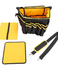 Heavy Duty Oxford Tool Organizer Bag With Removable Divider And Nonslip Rubber Feet Built Like A Tank For Tradesmen And Diy Crew Portable 20 Liter Carry Tote with yellow interior and removable divider.