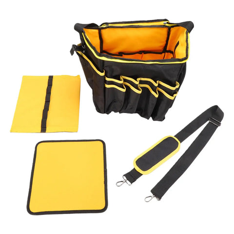 Heavy Duty Oxford Tool Organizer Bag With Removable Divider And Nonslip Rubber Feet Built Like A Tank For Tradesmen And Diy Crew Portable 20 Liter Carry Tote with yellow interior and removable divider.