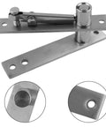 Heavy Duty Stainless Steel Pivot Door Hinge Set Featuring Rock Solid 360 Degree Swinging And No Sweat Floor Mount Adjustment For Wood Floors And Mansions, close-up view of pivot hinge.