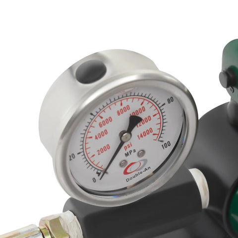 Close-up of AGULIUM 20T hydraulic jack pressure gauge with round chrome dial showing psi and MPa; Double-An logo visible.