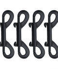 Front view of four black metal bolt snap hooks with trigger latches, 3.5 inches long
