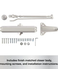 Heavy Duty Commercial Door Closer With Aluminum Finish Built For High Traffic Spaces Adjustable From Size 1 To 5 180 Degree Opening Controls Traffic Prevents Slamming Ideal For Exterior And Interior Doors components displayed