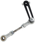 Rocker arm for reciprocating actuator; side view shows black lever with threaded steel shaft and rod-end bearing.