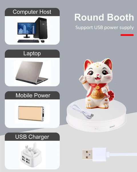 12 Inch Motorized Rotating Turntable Display Stand With 360 Degree Spin For Product Photography shows USB connection with cat figurine.