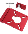 Solid Aluminum Router Guide Rail Adapter With Secure Rail Stop For Fixed Base Trim Routers Built Right For No Sweat Assembly And Knockout Accuracy Compatible With Makita Festool Milwaukee Kreg And Wen Track Systems, red aluminum plate with slide stop clamp.