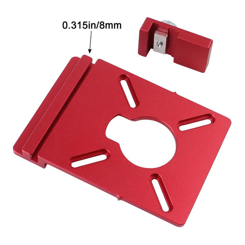 Solid Aluminum Router Guide Rail Adapter With Secure Rail Stop For Fixed Base Trim Routers Built Right For No Sweat Assembly And Knockout Accuracy Compatible With Makita Festool Milwaukee Kreg And Wen Track Systems, red aluminum plate with slide stop clamp.