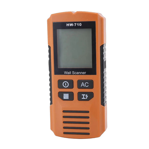 5 in 1 Wall Scanner Stud Finder with Advanced LCD Screen Five Measuring in orange color, front view with buttons and screen.