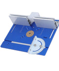 Rock Solid Aluminum Router Table Insert Plate For Woodworking Flip Top, blue, 5mm thick, with adjustable angle guide.