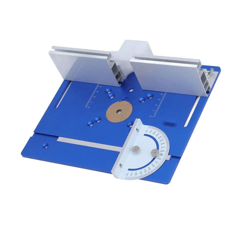 Rock Solid Aluminum Router Table Insert Plate For Woodworking Flip Top, blue, 5mm thick, with adjustable angle guide.