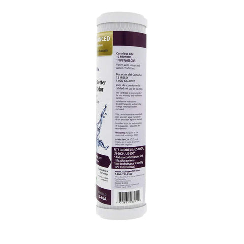 Side view of Level 2 Drinking Water Replacement Cartridge, white cylindrical filter with label details, 0.5 micron