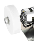 Close-up of Real Deal Mini Belt Sander And Bench Grinder With Seven Adjustable Speeds motor and white grinding wheel for precision use.