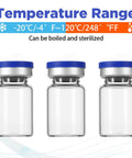 Three clear glass injection vials with blue caps, 5 ml capacity, front view.