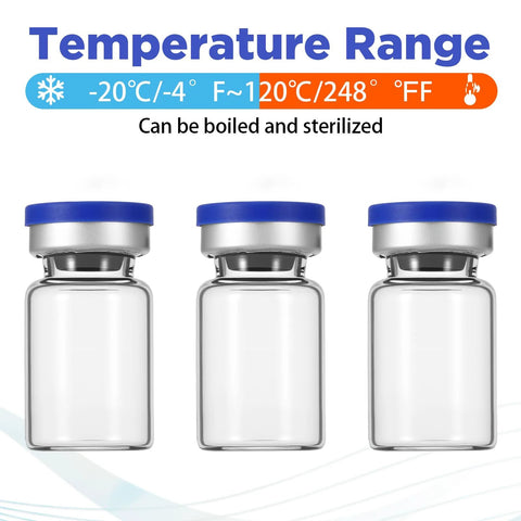Three clear glass injection vials with blue caps, 5 ml capacity, front view.