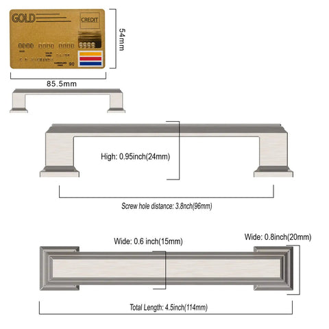 Dimensions and design of 10 Pack Brushed Satin Nickel Cabinet Pulls 3-3/4 Inch Hole Center, shown with detailed measurements.