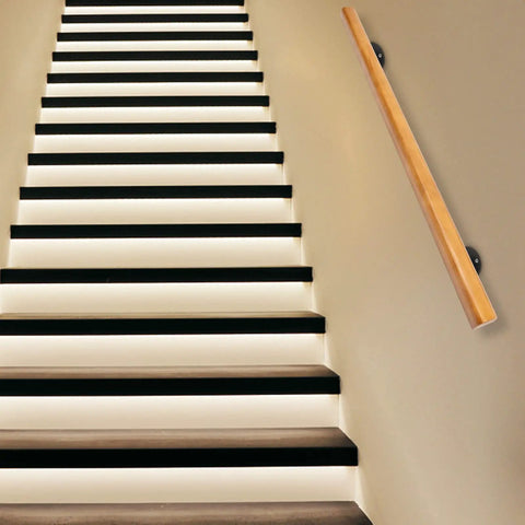 Rock Solid Pine Wood Stair Handrail With Legit Heavy Duty Metal Brackets And Smooth Rounded Corners For Reliable Indoor Wall Mount Support Carrying Groceries Or Packages No Sweat on modern staircase.