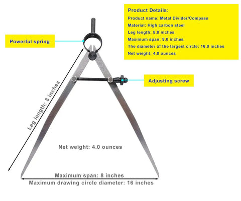 Heavy Duty 8 Inch Adjustable Steel Wing Divider With Rock Solid Locking Pin For Leather Crafting And Woodworking No Nonsense Precision Circle Gauging Tool displaying features and measurements.