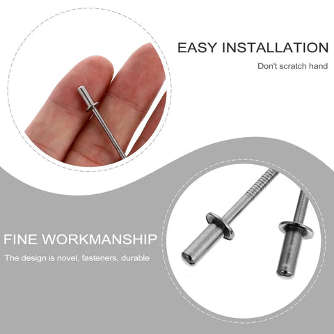 Close-up of hand holding stainless steel blind rivet from 50 Pcs Stainless Steel Blind Rivets Kit With Flat Head Design And High Mechanical Strength For Furniture Hardware And Household Repairs, Closed Type Rivets For Durable Heavy-Duty Fixes And Corrosion-Resistant DIY Projects