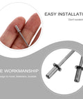 Stainless Steel Blind Rivets 50 Pcs Smooth Head Permanent Fasteners For Tough As Nails Joints, close-up view showcased on hand.