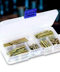 Top Shelf M4 Dowel Screw Set With 110 Zinc Plated Iron Double Ended Hanger Bolts in clear storage box for easy organization.