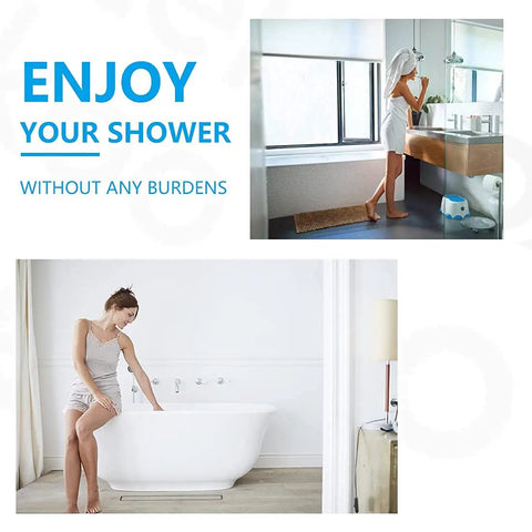 Woman in modern bathroom near bathtub and mirror, promoting 28 Inch Tile Insert Linear Shower Drain In Brushed Nickel 304 Stainless Steel.
