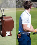 Premium Leather Golf Ball Pouch With Tee Holder Mini Pocket Belt Bag Clip On Waist Storage Hand Stitched Leather shown on golf course