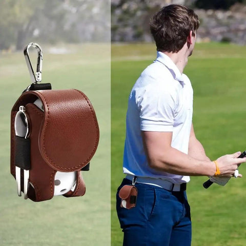 Premium Leather Golf Ball Pouch With Tee Holder Mini Pocket Belt Bag Clip On Waist Storage Hand Stitched Leather shown on golf course