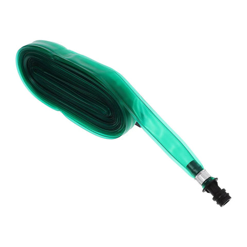 Flat Soaker Hose With Perforated Holes For Even Yard Watering Flexible PVC Low Profile Sprinkler Hose 7.5m coiled on white background