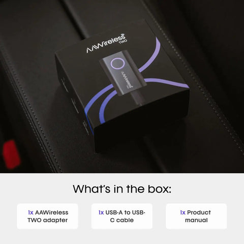 Wireless Android Auto Adapter That Converts Factory Wired To Wireless, Bluetooth And WiFi Auto Connect box on car seat