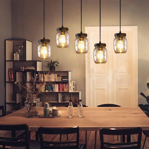 Five-Light Mason Jar Chandelier For Kitchen Island Farmhouse Linear Pendant Light Fixture With Matte Black Finish And Glass Shades