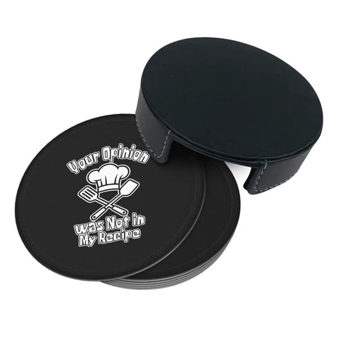 Leather Coasters 6 Piece Set With Holder For Weddings, Bars, Homes, And Offices, Microfiber PU Leather Mats With Printed Design